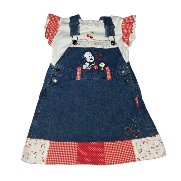 Snoopy vintage Other - Vintage Baby Peanuts Snoopy & Woodstock Cherry Denim Dress Overalls Outfit 24 Mo